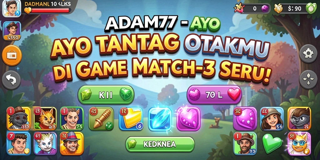 Screenshot permainan ADAM77 menampilkan kombinasi simbol Match-3 yang ceria.