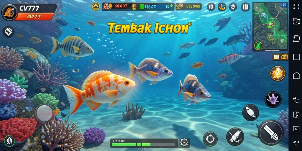 Tampilan gameplay Tembak Ikan yang menarik dan penuh warna.