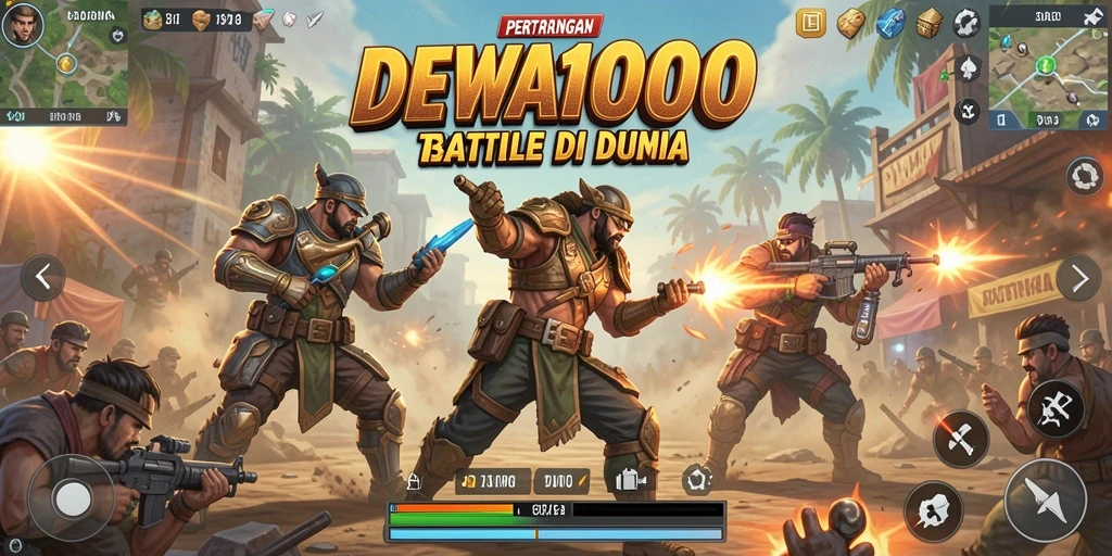 Screenshot gameplay DEWA1000 dengan pertempuran seru di medan perang Battle Royale.