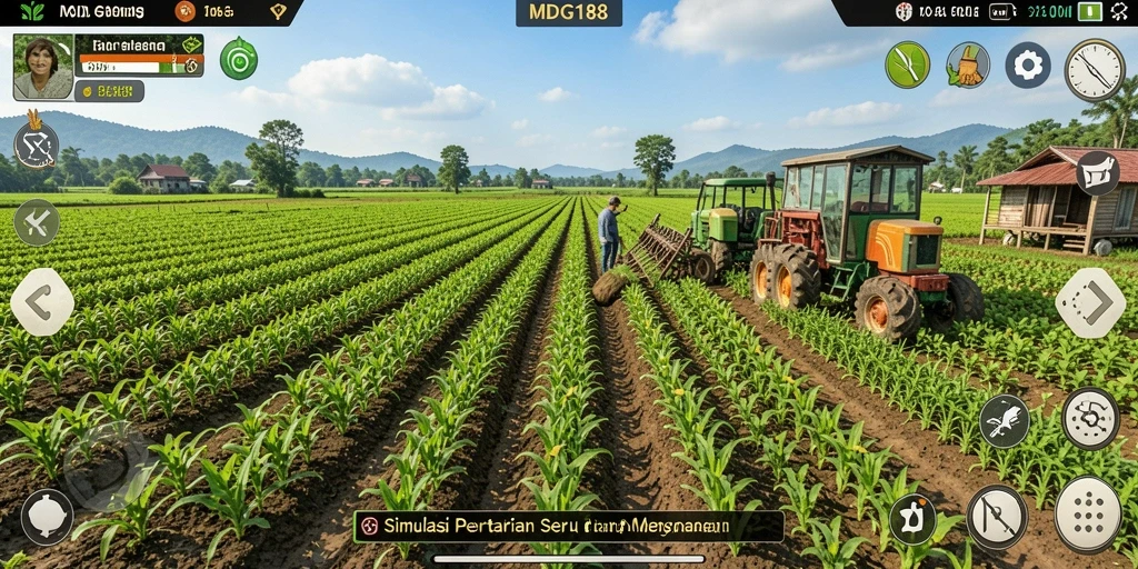 Screenshot gameplay MDG188 menampilkan lahan pertanian yang rapi dan produktif.