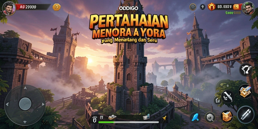 Screenshot gameplay ODDIGO yang menunjukkan berbagai menara dan musuh.