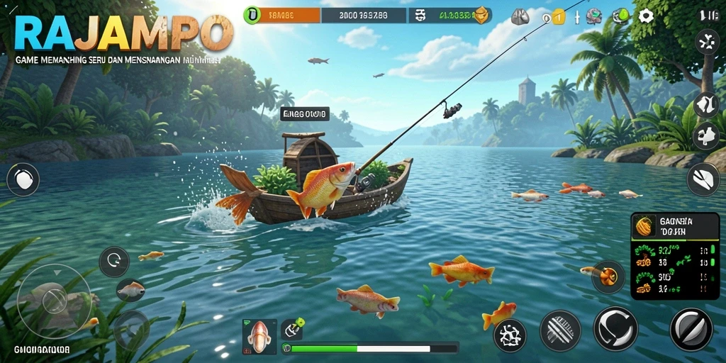 Screenshot gameplay RAJAMPO yang menunjukkan aksi memancing seru.