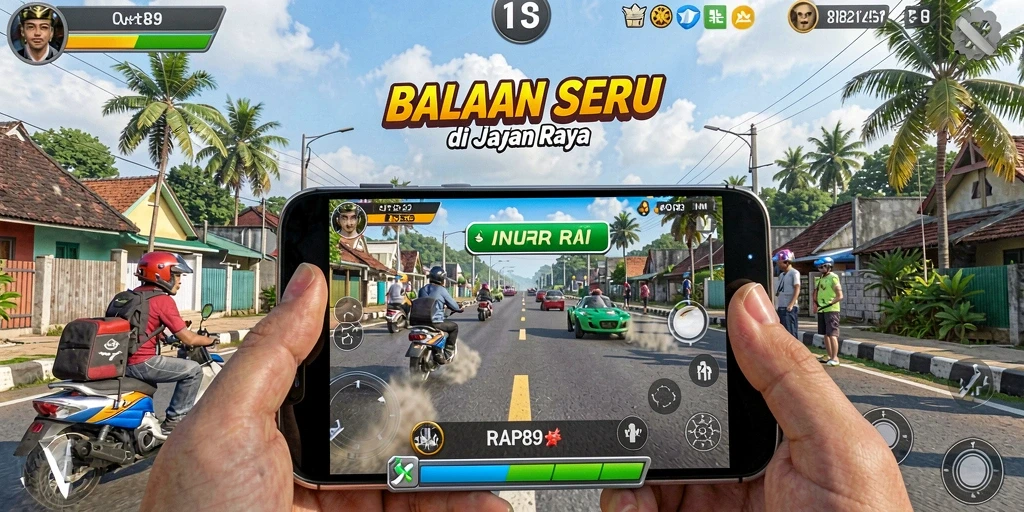 Tampilan screenshot utama RAP89 menampilkan aksi balapan yang mendebarkan.