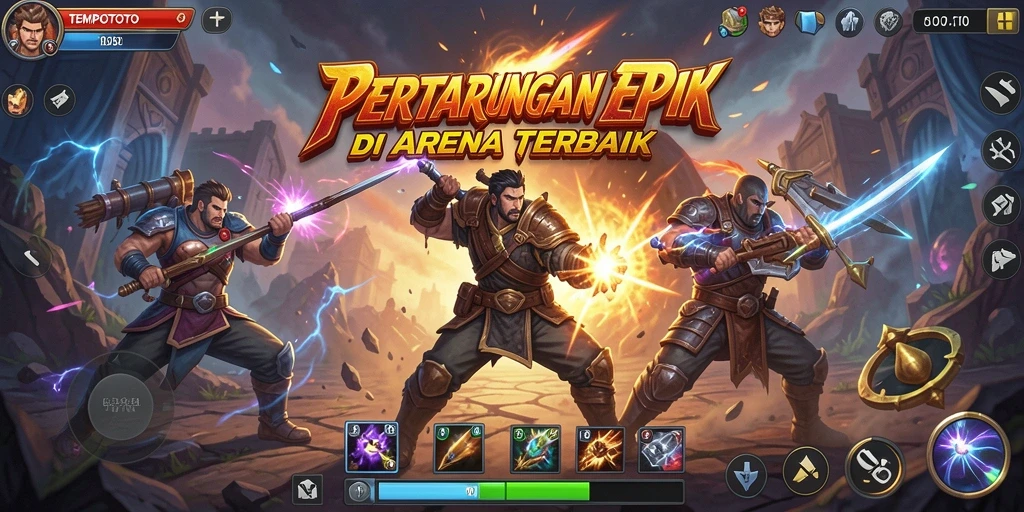 Screenshot TEMPOTOTO menampilkan pertarungan epik di arena yang penuh aksi.