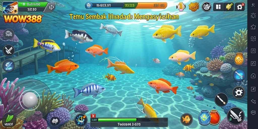 Screenshot gameplay <strong>WOW388</strong> menunjukkan aksi menangkap ikan yang seru.