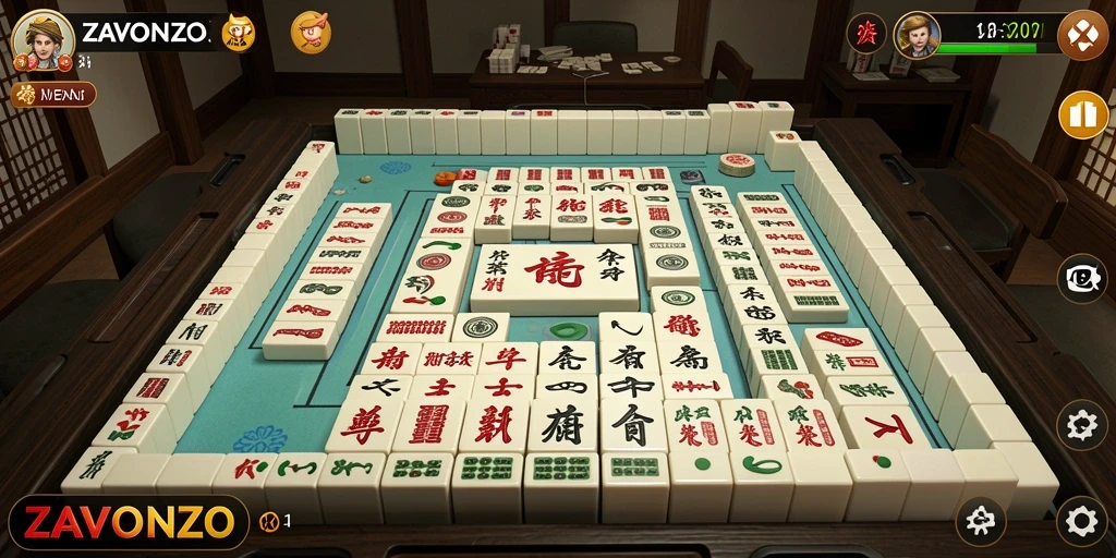 Tampilan gameplay ZAVONZO dengan ubin Mahjong yang berwarna-warni.